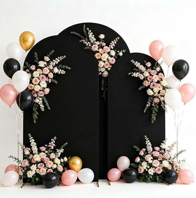 Wedding Arch Backdrop Stand and Cover Set, Black, 6FT/6.6FT/7.2FT | Set of 3, Metal Arch Backdrop Stand, High Elasticity Arch Cover, For Wedding Birthday Baby Shower