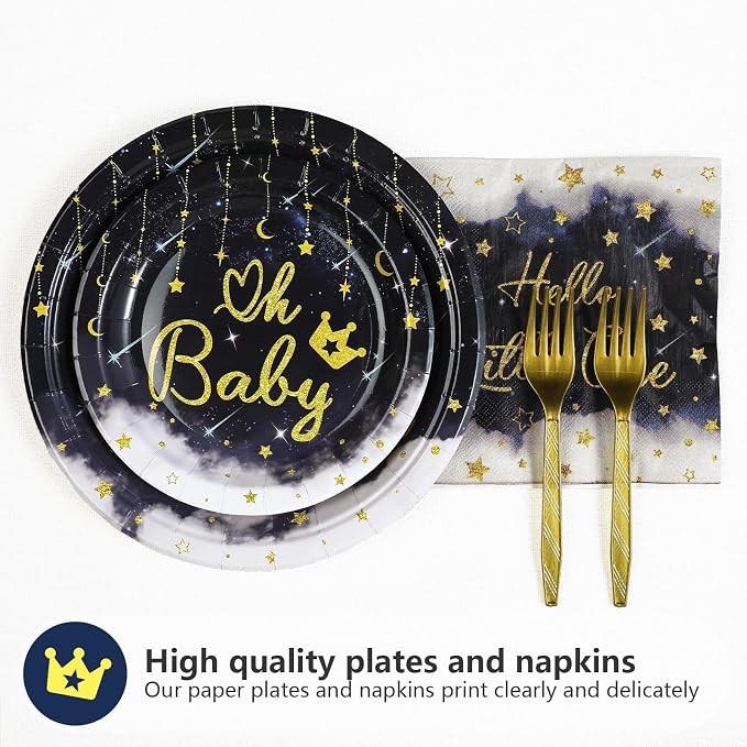 96Pcs Twinkle Twinkle Little Star Party Decoration Star Moon Baby Shower Plates and Napkins Navy Blue Gender Reveal Tableware Set for Boys Girls Baby Shower Celestial Birthday Party Supplies Serves 24