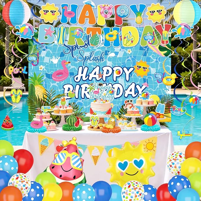 Summer Pool Beach Birthday Party Decorations, Splash Summer Backdrop Banner Hanging Swirls Honeycomb Centerpieces Cake Toppers Foil Balloons for Tropical Swimming Luau Water Hawaiian Party Decor(Blue)