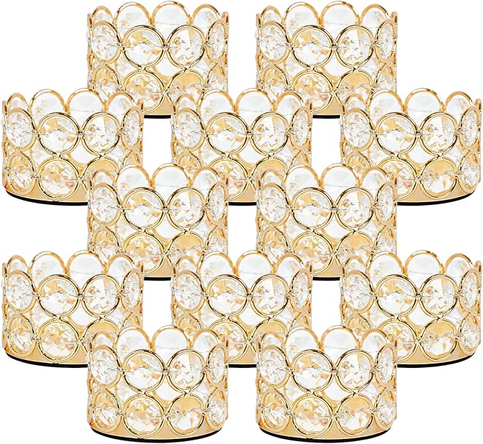 Pack of 12 Gold Crystal Tea Light Candle Holders for Wedding Home Table Centerpiece Decoration, Valentine's Day Gifts (Candle Excluded)