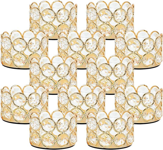 Pack of 12 Gold Crystal Tea Light Candle Holders for Wedding Home Table Centerpiece Decoration, Valentine's Day Gifts (Candle Excluded)