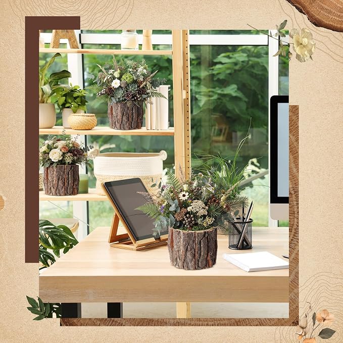 8 Set Wooden Vase for Centerpieces Wedding Flower Table Centerpieces Decor Rustic Bark Stump Bucket Farmhouse Wood Planter Pot for Woodland Party Window Home (Fake Green Moss,Large)
