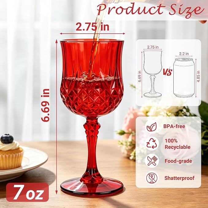 Plastic Wine Glasses, Plastic Goblets Vintage Style Cordial Unbreakable Drinking Glasses, Reusable Drinkware for Wedding Reception, Grand Event Party Supplies (12, Red)