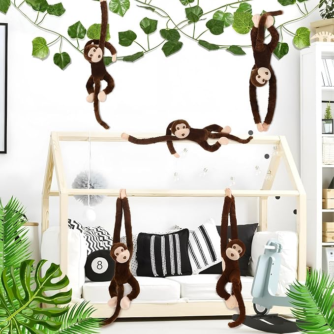 Hungdao 6 Packs Hanging Monkey Stuffed Jungle Animal Toy with Hook and Loop Jungle Party Hanging Plush Monkey for VBS Sunday School Classroom Party Decorations (24 Inch,Dark Brown)