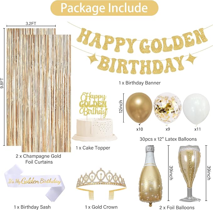 Trgowaul It's My Golden Birthday Decorations for Women Girls, Banner, Sash and Crown, Cake Topper, Latex Balloons Fringe Curtains, Champagne Gold Happy Birthday Party Supplies