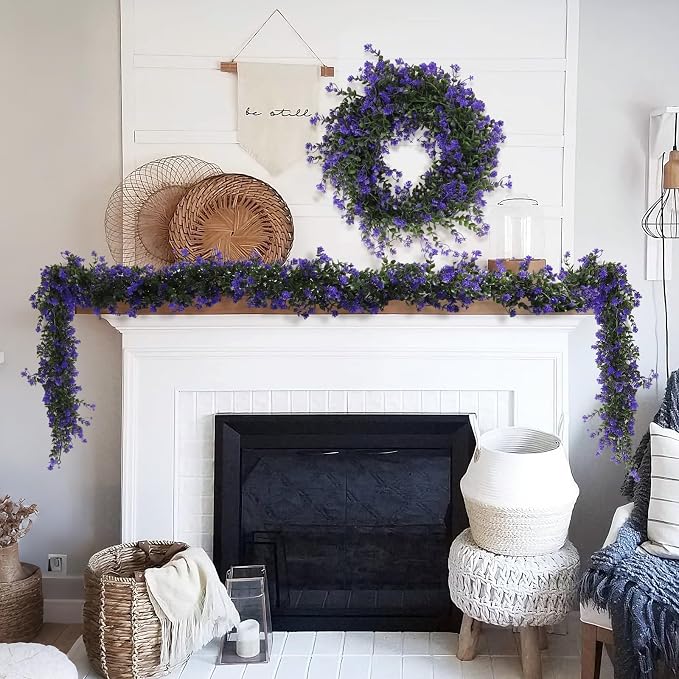 RECUTMS Fake Hanging Eucalyptus Garlands Artificial Vines Plants Eucalyptus Leaves with Flowers Greenery Spring Floral Garland for Home Wedding Wall Arch Party Decoration(Purple)