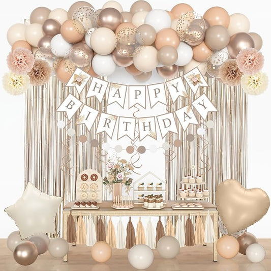 Birthday Decorations for Women, Beige Cream Neutral White Sand Confetti Balloons Boho Happy Birthday Banner Fringe Curtains Hanging Swirls Circle Dots Tassels Pompoms Women Girls Party Supplies