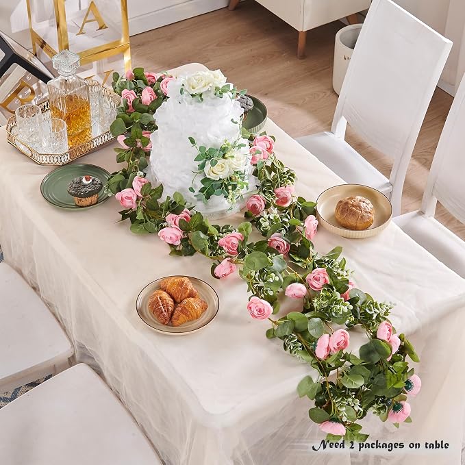 PONKING Flower Garland Artificial Rose Vine Flowers Hanging Fake Roses Vines for Wedding Birthday Party Valentines Christmas Room Wall Arch Decor, 2 Pink Floral Garland Decorations
