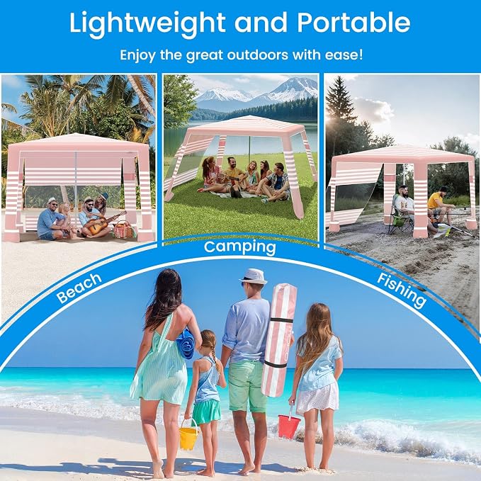 MoKo Beach Cabana, 8'×8' Large Beach Canopy with Side Wall, UPF 50+ Protection Easy Setup Beach Tent Sun Shelter, Adjustable Height Wind Resistant Cabana Beach Tent for Whole Family, Pink Stripe