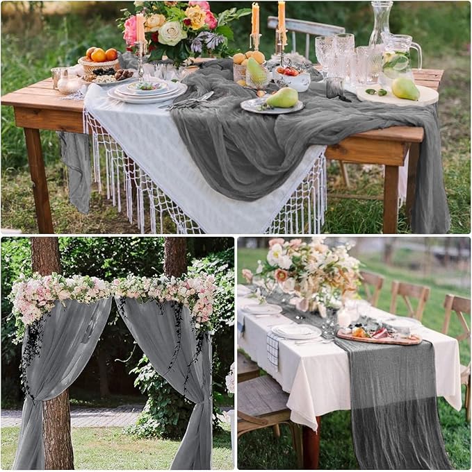 8 Pack Grey Cheesecloth Table Runner 10Ft Gauze Cheese Cloth 35x120 Inch Boho Table Runner Romantic Table Cloth Table Cover for Wedding Bridal Baby Shower Birthday Party Engagement Fall Table Decor