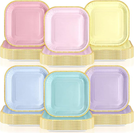 120 Pcs Pastel Colorful Paper Plates 7 Inch Easter Gradient Disposable Square Dessert Party Plates with Gold Edge for Birthday Wedding Bridal Baby Shower Party Supplies, 6 Colors