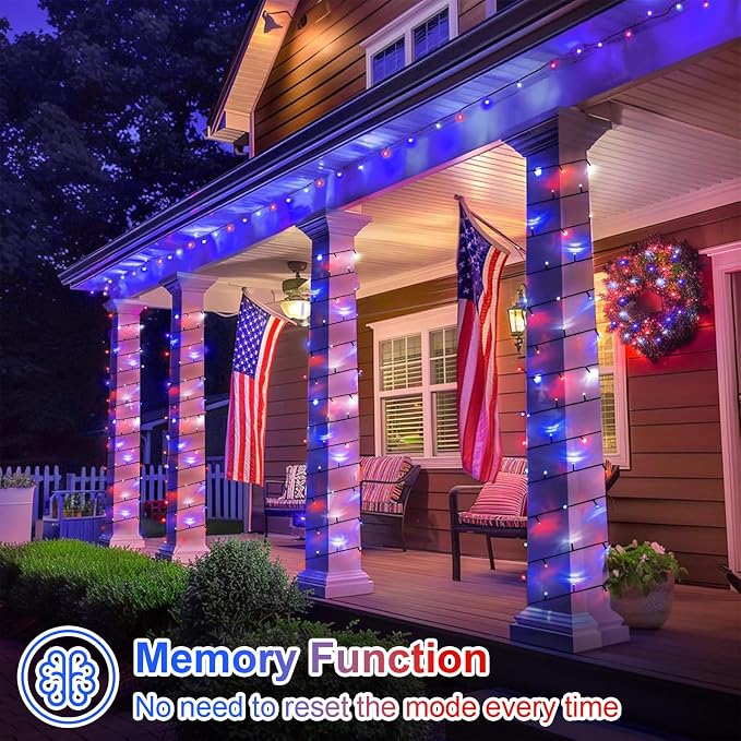 QITONG Red White and Blue Solar String Lights, 2 Pack Each 33ft 100 LED 4th of July Lights Outdoor Waterproof, 8 Modes Green Wire Solar Patriotic Lights for Independence Memorial Day