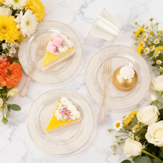 WELLIFE 150PCS Gold Plastic Plates – Gold Glitter Disposable Dinnerware Set for 50 Guests (7.5" Dessert Plates), Includes 50 Plates, 50 Cups & 50 Forks for Wedding & Birthday Party Tableware