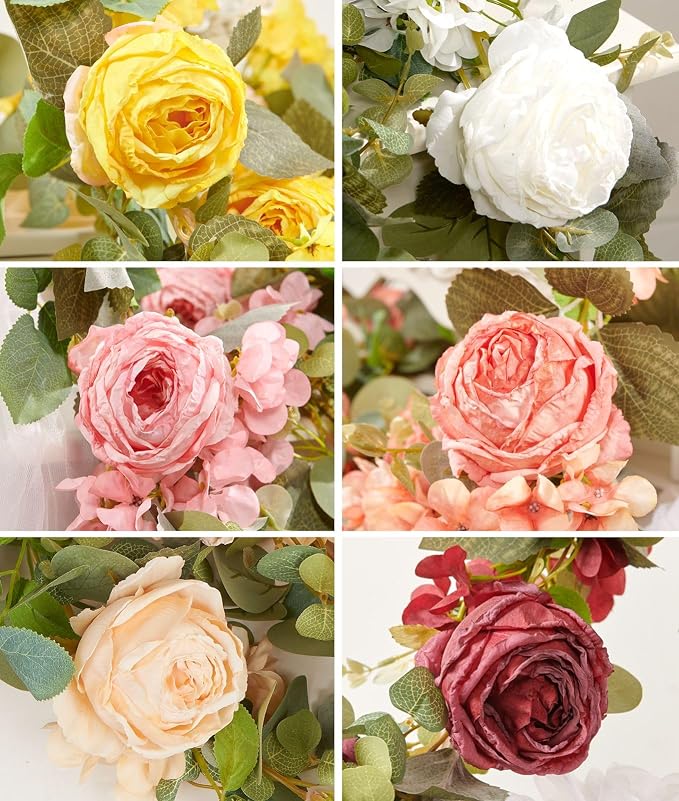 PONKING Flower Garland Artificial Rose & Hydrangea Vine Hanging Fake Flowers Vines for Wedding Birthday Party Valentines Christmas Room Wall Arch Decor, 1 Rose & 1 Hydrangea Red Floral Garland