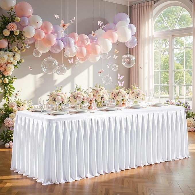 2 Packs White Satin Tablecloths Rectangle 4FT,Glitter Spandex Fitted Stretch Table Covers Wrinkle-Resistant Floor Length Shimmer Pleated Table Skirt for Wedding Parties Baby Shower Banquets