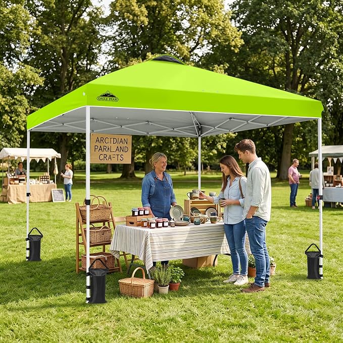 EAGLE PEAK Pop Up Canopy Tent with Wheeled Carry Bag, 8 Stakes, 4 Ropes, 4 Weight Bags, Easy Set Up Tent Canopy, 10x10 ft, 100sqft of Shade, Neon Green
