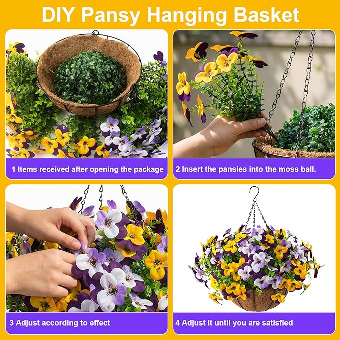 2 Set Artificial Outdoor Pansy Flowers with Hanging Baskets, 2 Hanging Baskets with 24 Pcs Silk Flowers for Spring Easter Decorations Porch Patio Home Decor (2, Purple, Yellow, White, Light Purple)