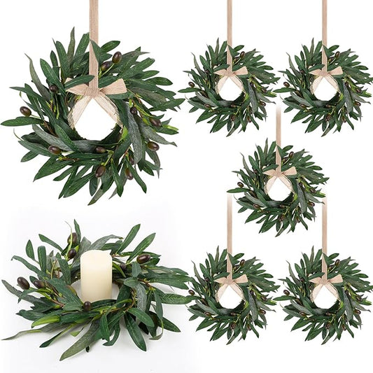 6 Pcs Artificial Spring Olive Wreaths Greenery Wreath with Olive Leaves Mini Green Kitchen Cabinet Wreaths Swag Spring Summer Wreath for Front Door Porch Wall Window Farmhouse Wedding Decoration