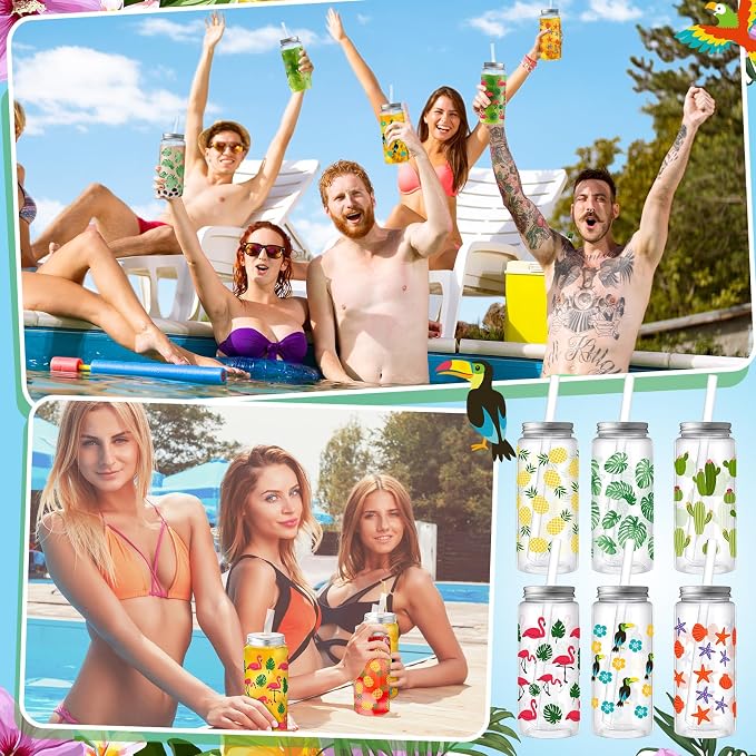 Skylety 30 Pcs Hawaiian Luau Cups 13. 5 oz Summer Tropical Plastic Cups with Lids and Straws Reusable Cute Plastic Tumbler for Hawaii Beach Sea Summer Birthday Party Drinkware Supplies