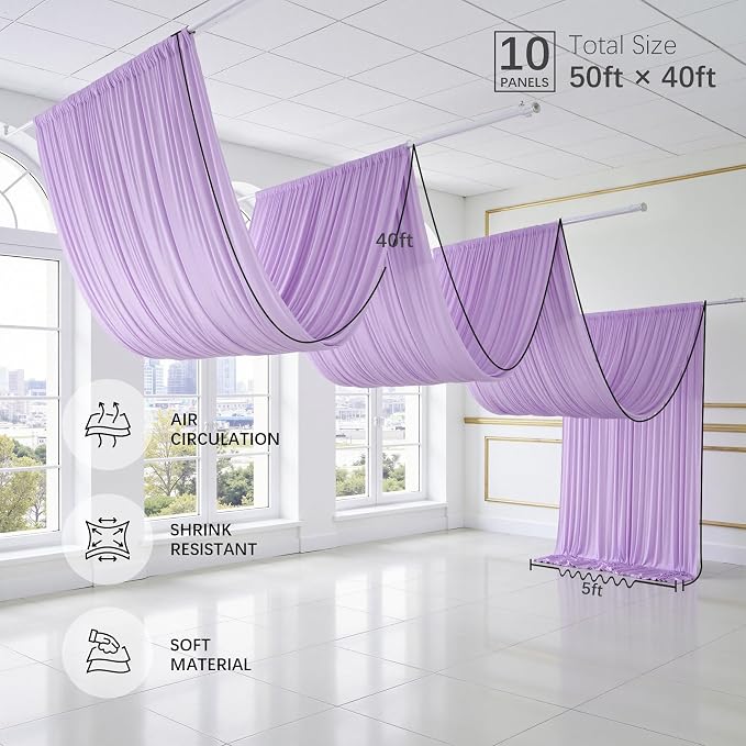 50ftx40ft Taro Purple Ceiling Curtain for Wedding Parties – 10 Panels Wrinkle-Free 40 FT Long Tent Draping Curtains for Wedding, Birthday & Theme Parties, 40ft Height with Rod Pocket