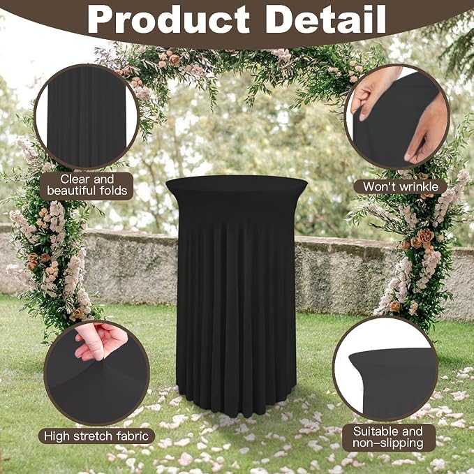 WJWHQ 5 Pack Round Spandex Cocktail Tablecloths with Skirt - Stretch Table Covers for High Top Bar, Wedding, Party, Banquet (Black, 32 x 43 Inch)