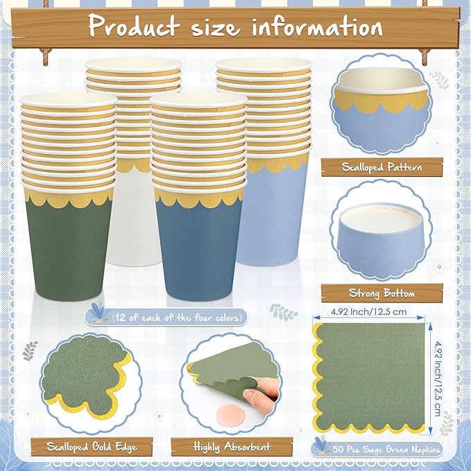 Mimorou 342 Pcs Dusty Blue Green Party Supplies for 48 Guests, Forest Green and Dusty Blue Scalloped Paper Plates Napkins Cups Gold Cutlery Tablecloth Banner Set for Birthday Baby Shower Wedding