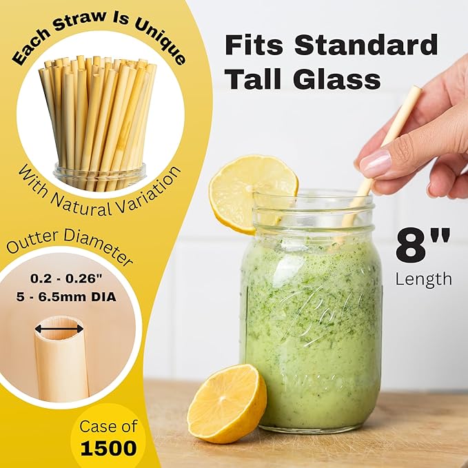 Hay Straws 8 inch Individually Wrapped Compostable Drinking Straw Eco Friendly, 1500 Count Biodegradable Disposable Straw for Juices, Smoothies, Plant-Stem Straws, No Paper, Plastic-Free (5–6.5mm)