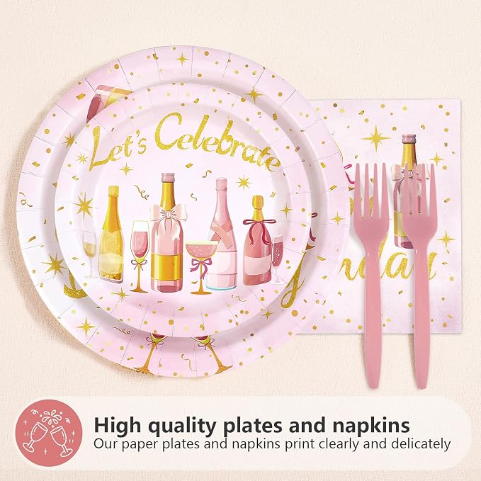 96Pcs Champagne Birthday Party Supplies Pink Rose Wine Theme Plates and Napkins Pink Rose Gold Glitter Beers Wine Tableware Set for Women 21 30 40 50 60 Years Birthday Party Supplies，Serves 24