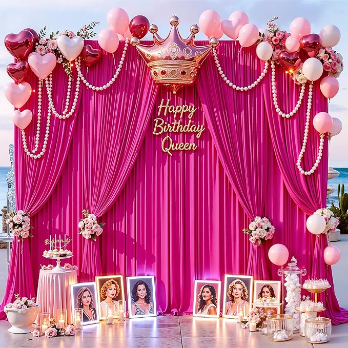10x10ft Hot Pink Photo Backdrop Curtains for Parties Fuchsia Wrinkle Free Polyester Photoshoot Curtains Drapes Backdrop for Birthday Baby Shower Graduation Photography Background 2 Panels 5x10FT
