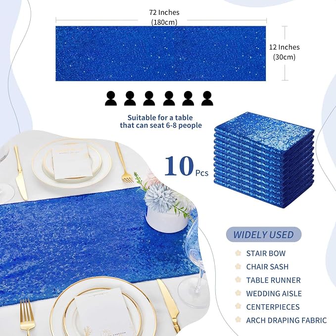 Royal Blue Sequin Table Runners 10 Pcs 12x72 Glitter Sparkly Table Runner for Wedding Birthday Party Graduation Ceremony Supplies Decorations