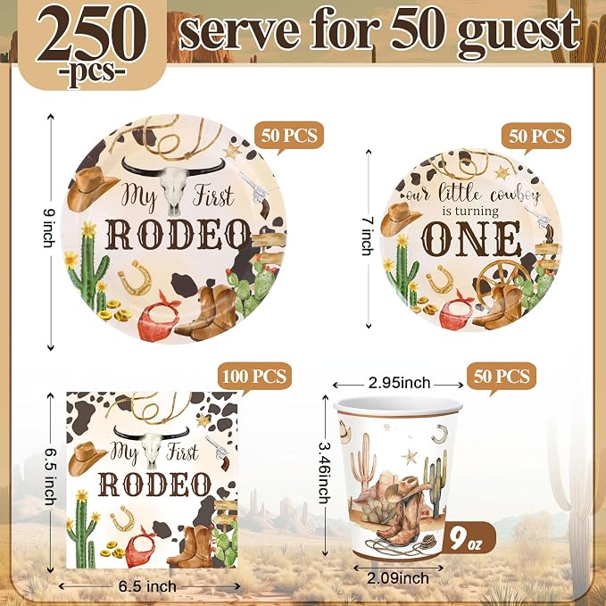 Pickmesh 250 Pcs My First Rodeo Party Decorations Wild West Cowboy Disposable Tableware Set My First Rodeo Paper Plates Napkins Cups for 1st Birthday Western Cowboy Themed Party Decorations Serve 50