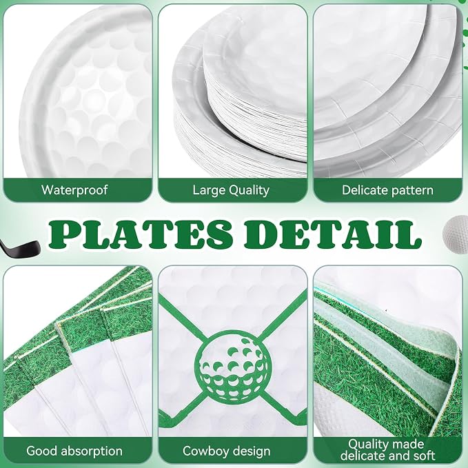 Potchen 452 Pcs Party Supplies Serve 50 Guests, Paper Plates Napkins Cups Cutlery Plastic Tablecloth Dinnerware for Birthday Wedding Party Decoration (Green and White, Golf)
