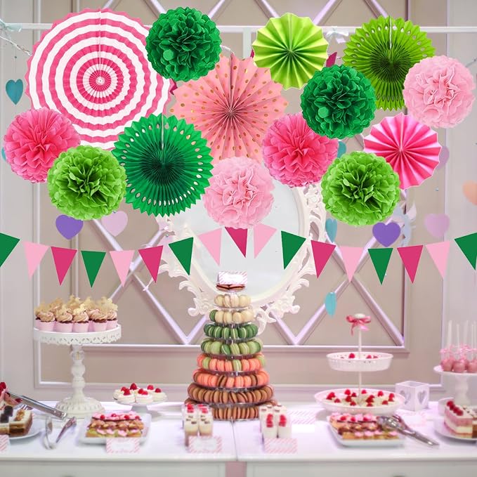 Witch Theme Party Decorations Set Colored Pink and Green Birthday Party Hanging Paper Fan Tissue Pom Poms Streamers Summer Party Supplies Tassel Garland Banner