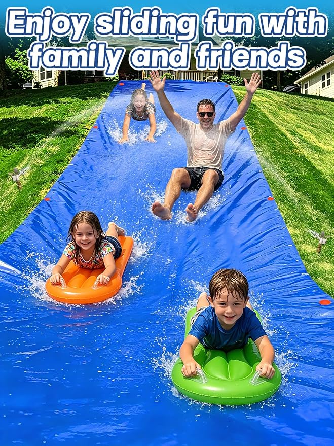 30 x 8 ft Extra Wide Lawn Water Slide with 2 Inflatable Bodyboards - Thick Durable Slick Waterslide for Kids & Adults, Easy to Set Up with 16 Ground Stakes, Outdoor Backyard Fun Water Games for Summer