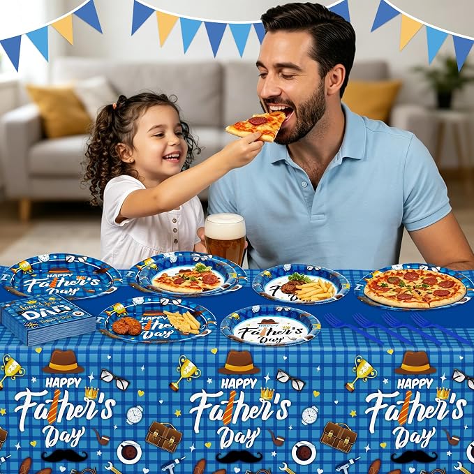 122Pcs Fathers Day Decorations, 30 Sets Paper Father's Day Plates and Napkins, Disposable 9" and 7" Happy Father Party Decorations, Rectangle Love You Dad Dinnerware for Family Dinner Dad Celebrations