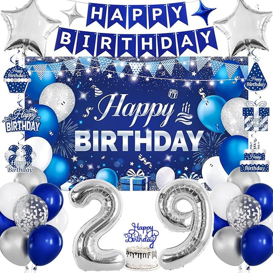 29th Birthday Decorations for Men & Women, Navy Blue and Silver Happy 29th Birthday Party Decorations with Number Balloons, Hanging Swirls, Cake Topper for 29 Years Old Party Supplies