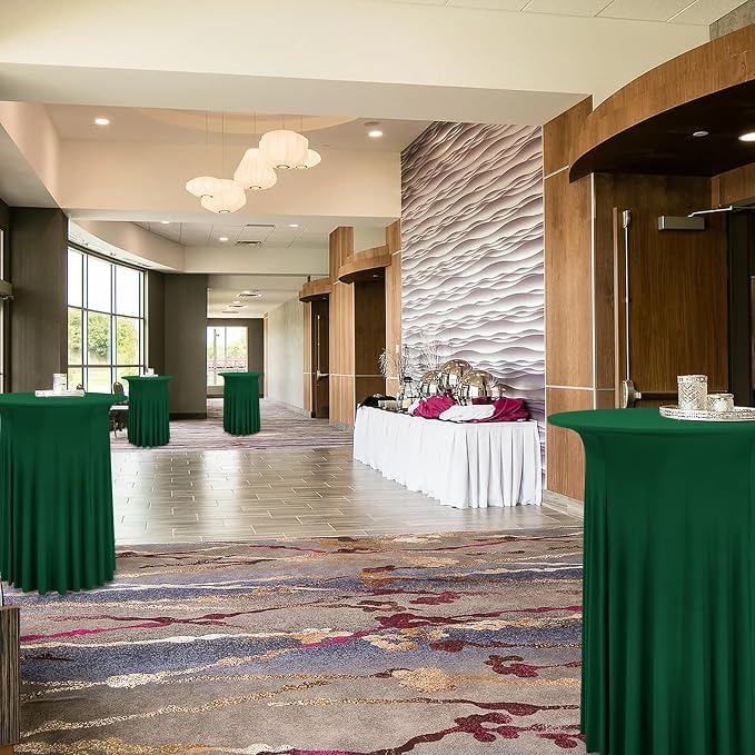6 Packs Round Cocktail Table Skirt 32"x 43" Spandex Stretch Cocktail Tablecloth with Wavy Drapes, Dark Green Spandex Fitted High Top Table Covers for Wedding Bar Party Birthday Banquet Table