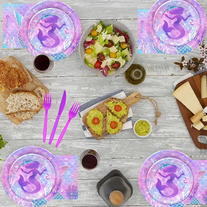182pcs Mermaid Themed Plates and Napkins Set,Mermaid Birthday Party Decorations for Girls Birthday Party Supplies,Serve 30 Guests
