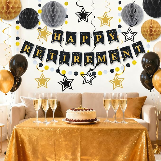 Happy Retirement Party Decorations for Men Women Black Gold Happy Retirement Banner Honeycomb Balls Pentagram Hanging Swirl Streamers Circle Dots Garland