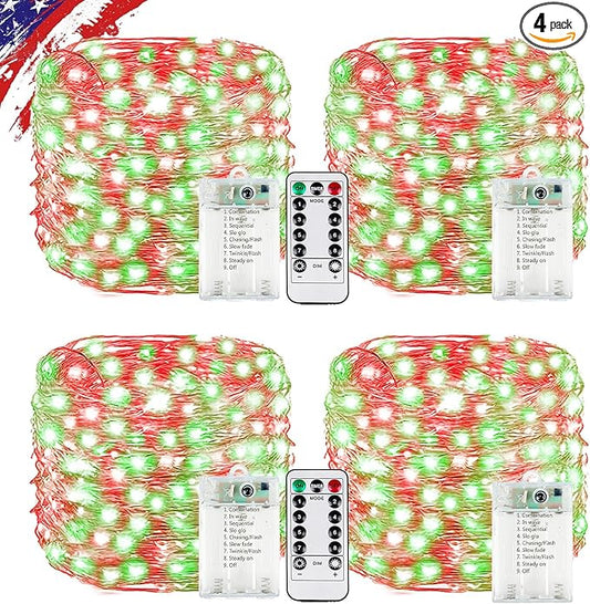 4Pack 80FT 240LED Fairy Lights Battery Operated with Remote & Timer 8 Modes Twinkle String Lights Battery Powered Indoor Outdoor Waterproof for Bedroom Wedding Classroom Christmas Décor, Red & Green