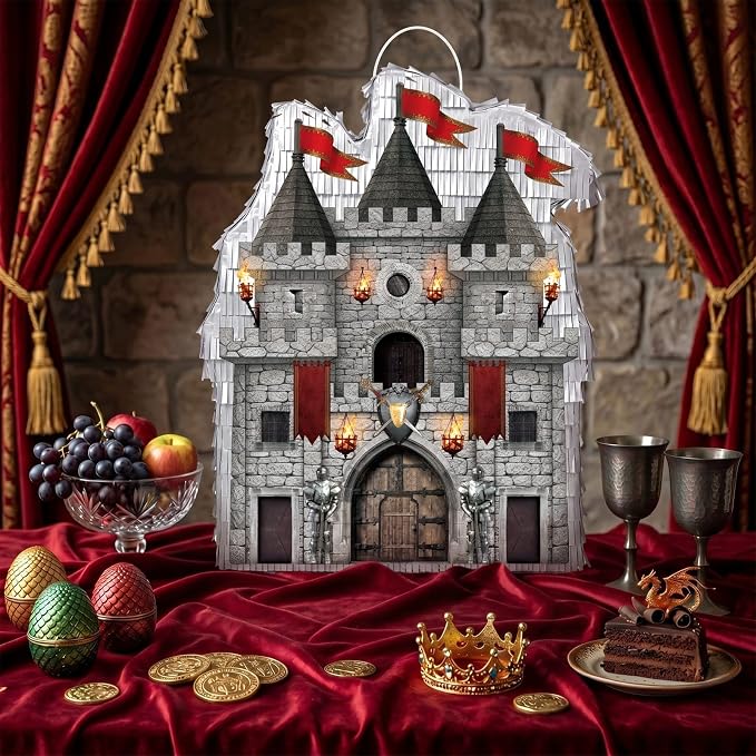 WERNNSAI Medieval Castle Piñata - Medieval Piñata with Blindfold and Bat for Kids Knight Birthday Party Decorations Gothic Castle Vampire Cosplay Halloween Party Supplies