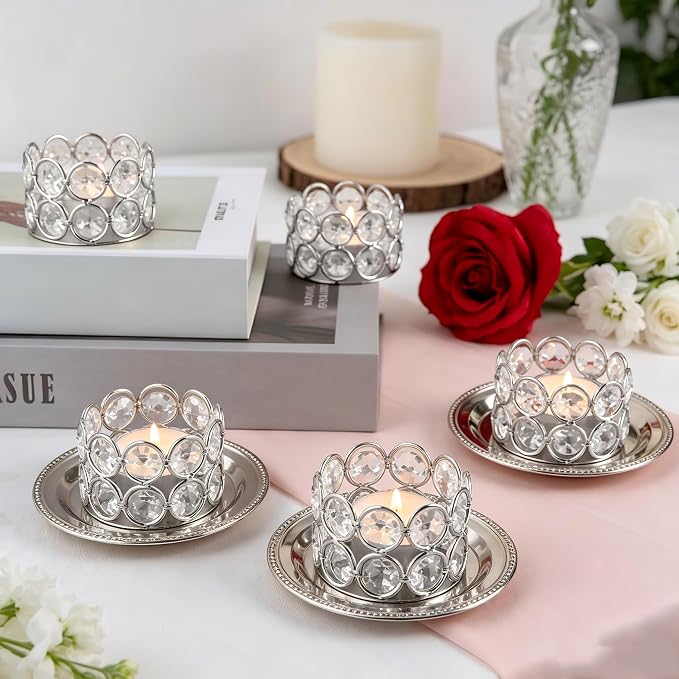 Silver Decorative Crystal Tealight Candle Holders Set of 24 for Wedding Dinning Table Centerpieces,Gifts for Valentine's Day Easter