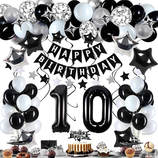10th Birthday Decorations for Boy Girl, Black White and Silver Happy 10 Party Decor Set with 10 Number Foil Balloons, Banner, Cake Topper for Him Her