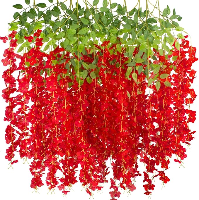 AITISOR 12 Pack Artificial Flowers Silk Wisteria Vine Ratta Hanging Flower (Red)