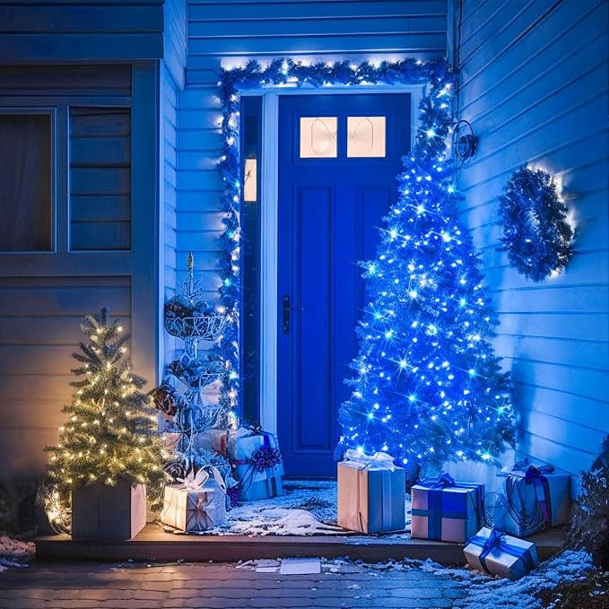 LAMPHOME 99FT 300 LED Blue Christmas Lights,16 Modes Connectable Fairy String Lights, Plug in Indoor Outdoor Blue Lights for Xmas Tree, Party, Garden, Hanukkah, Independence Day Patriotic Patio Decor