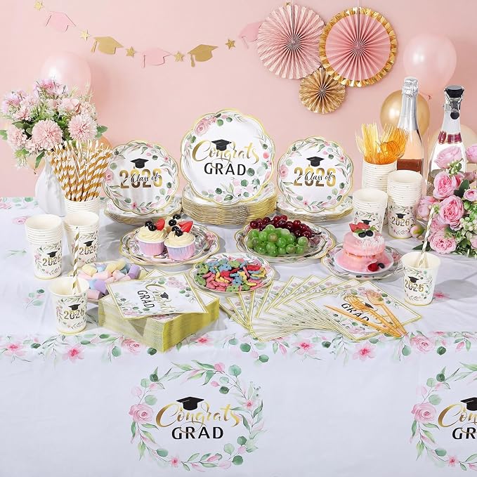Funnymoom 452 Pcs Class of 2026 Pink Floral Graduation Decoration Party Supply for 50, Pink Gold Congrats Grad Paper Plates Napkins Cup Tablecloth Cutlery Straw for Freshly Graduated Decoration