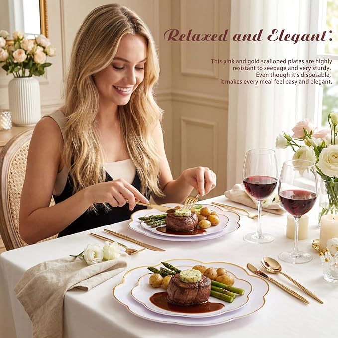 supernal 60pcs White Scalloped Plastic Plates with Gold Trim,Heavy Duty Elegant Disposable Plates Includes: 30 Gold Dinner Plate and Dessert Plate Perfect for Wedding, Bridal Shower Mother's Day