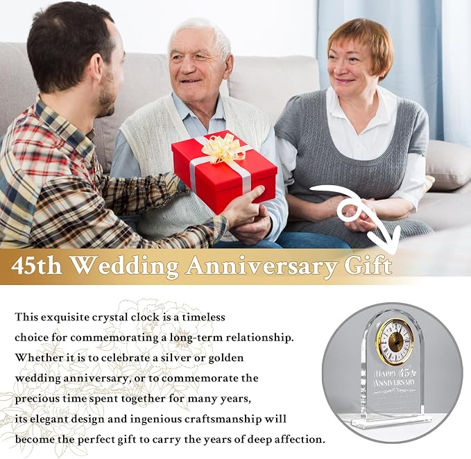 45th Wedding Anniversary Clock Gifts for Couples - Elegant Crystal Glass Clock Keepsake for Husband & Wife - Unique Home Decor for 45 Years of Marriage