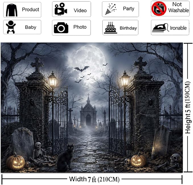 20x10ft Halloween Backdrop Spooky Cemetery Castle Full Moon Pumpkin Black Cat Skeleton Photography Background, Horror Fall Party Decor Photo Booth Props, Kids Birthday Studio Wall Decor Banner