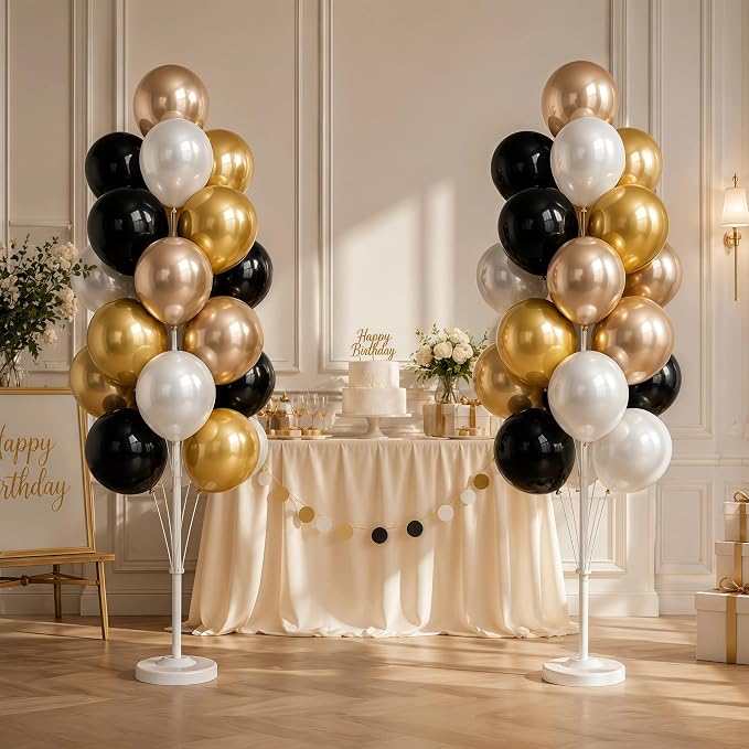 Balloon Column Kit Set of 2 With Balloons Included - with Base, and Pole,Balloon Tower Backdrop Decoration for Wedding, Baby Shower, Birthday Party, or Bachelorette Parties (Black Champagne Gold)